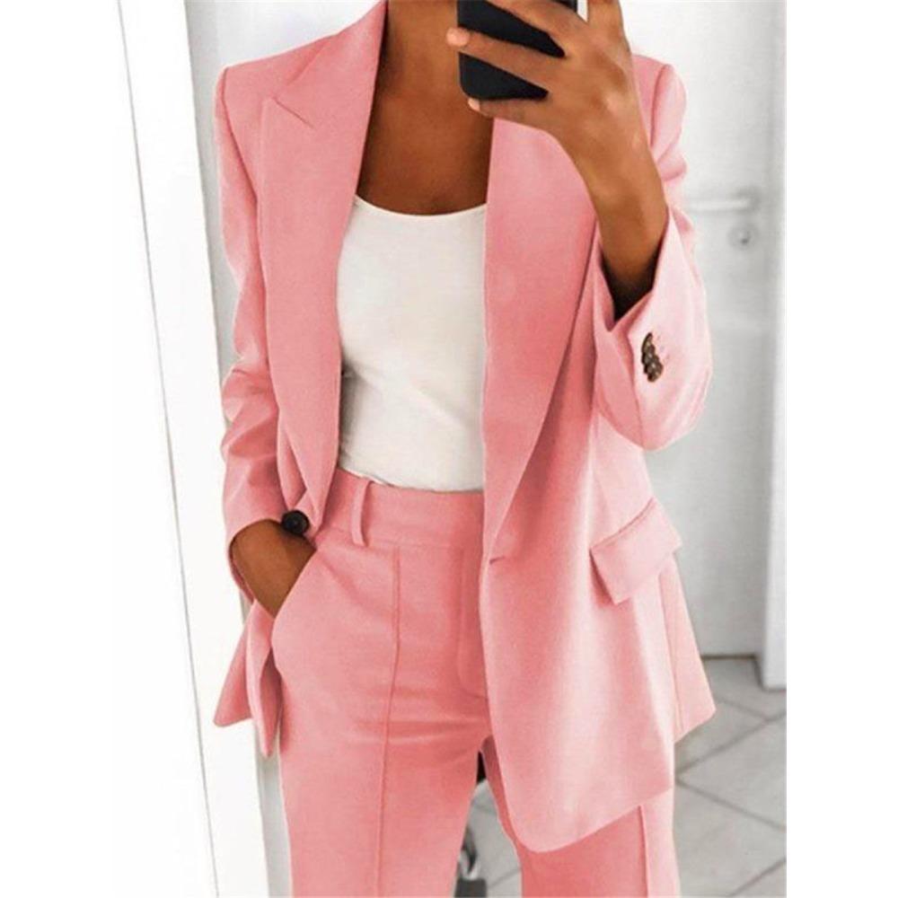 Damen Revers Langarm Blazer Hose 2-teiliges Outfit Elastische Taille Einfarbig Business Casual Anzug Set