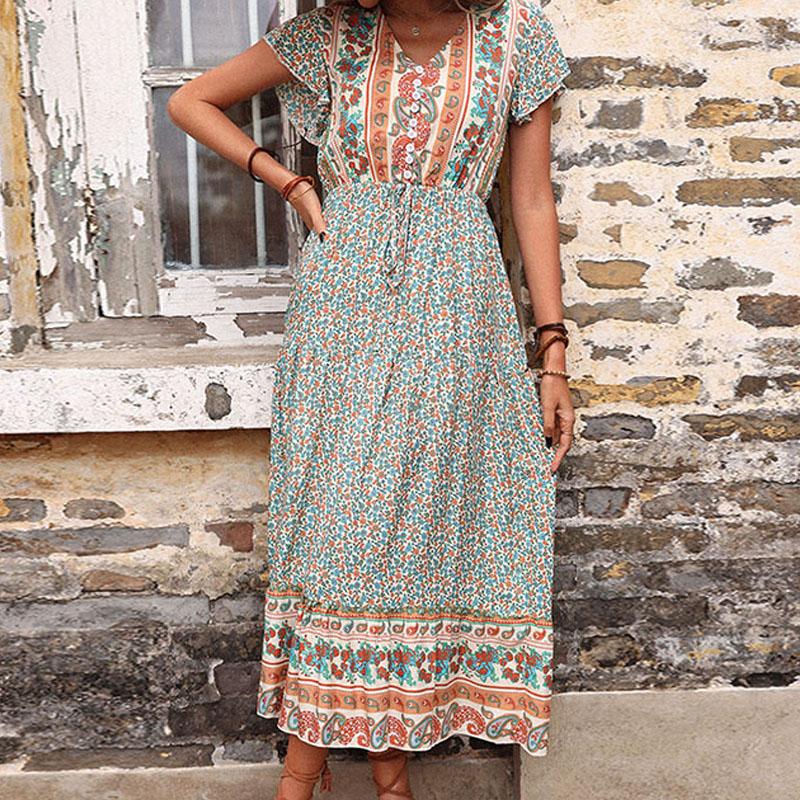 YYFS Women's Vintage Bohemia Summer Spring Floral Print Short Sleeve V-Neck High Waist Casual Dresses