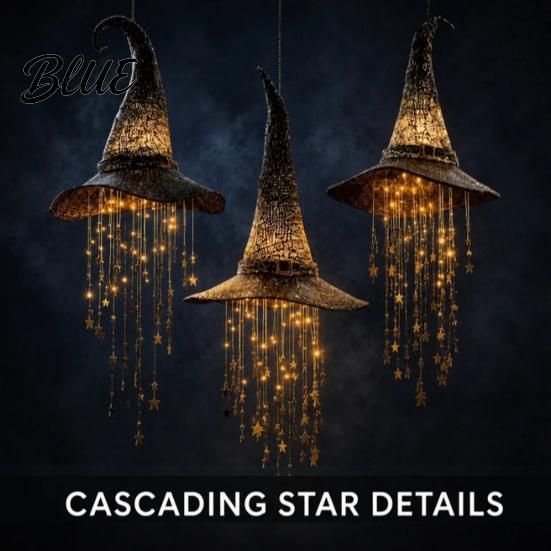 Outdoor Halloween Porch Decor Lighted Witch Hat Hanging Chime LED Glowing Wizard with Sparkling Star String Lights Swinging Tassels Indoor
