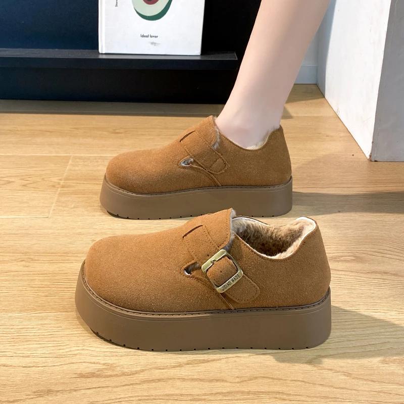 Fashion Women's Fashion Thick Sole Cotton Boots Winter New Round Head Suede Deep Mouth Metal Buckle Non-slip Low-top Shoes