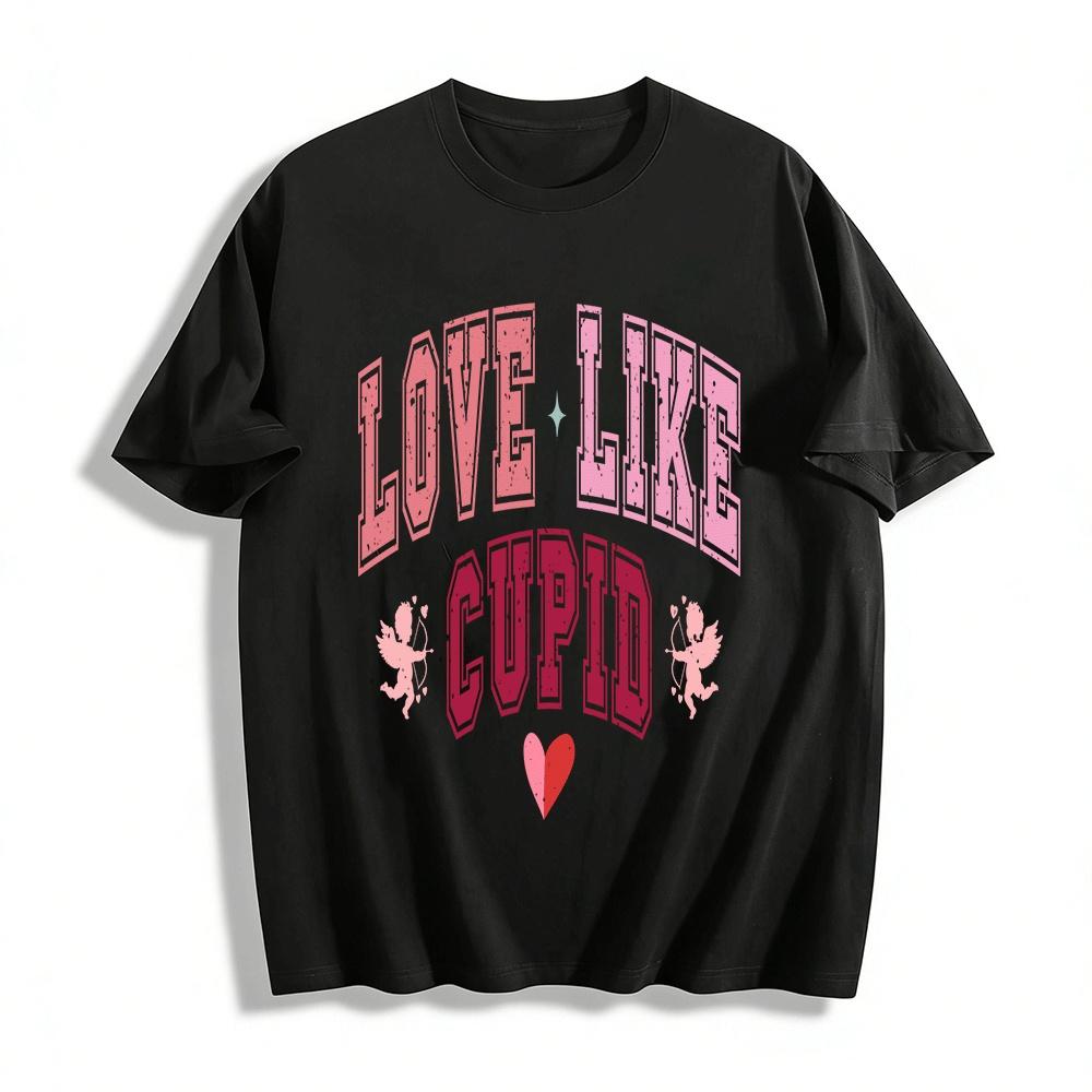 Love Like Cupid Letter Print Casual Tee Valentines Day Graphic Top Pure cotton T-shirt XXS