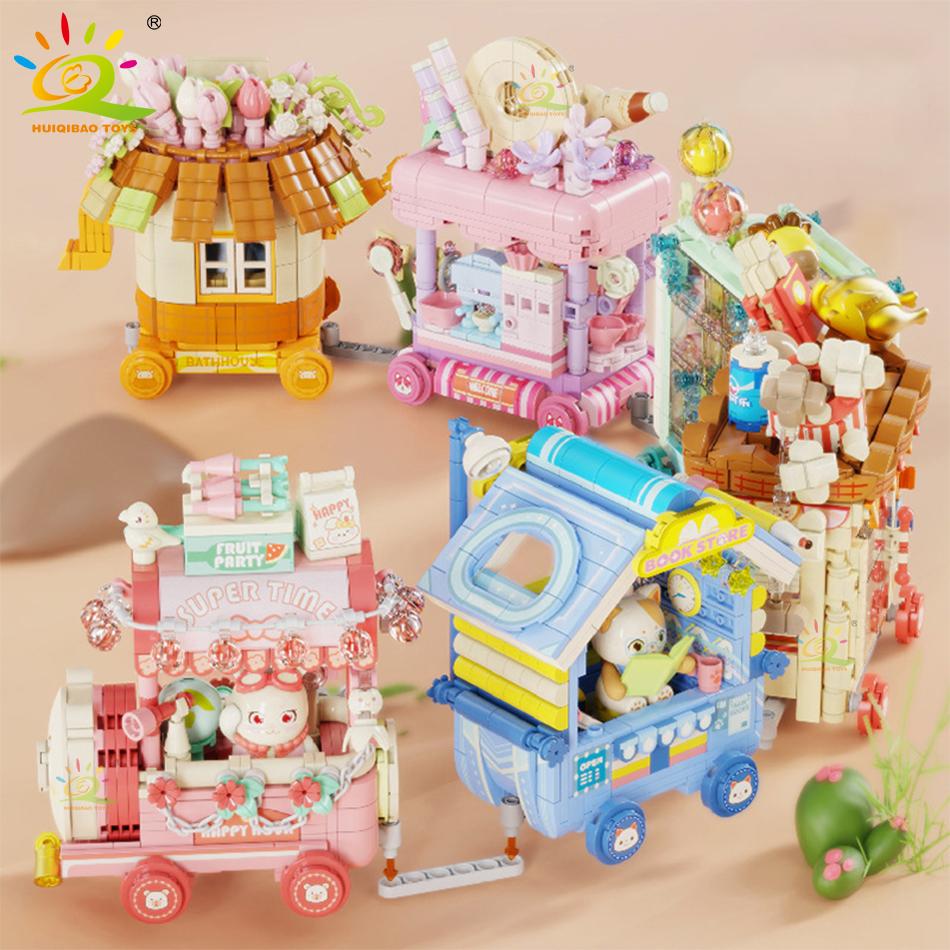 HUIQIBAO City Street View Series Cute Pet Wish Train Shop Mini MOC Model Building Block Micro Set Creative Store Bricks Toys Kid