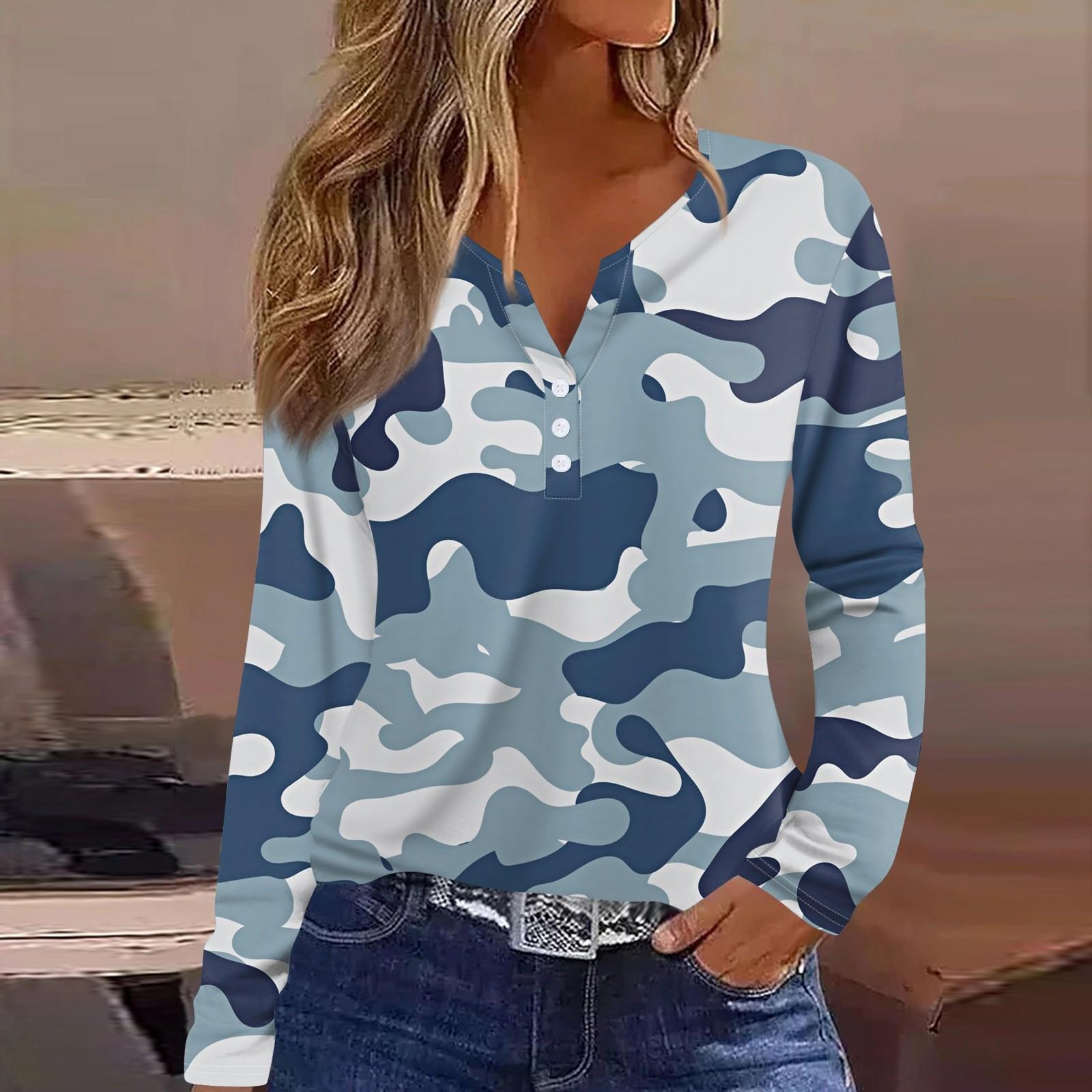 

Жен. Футболка Футболка на пуговицах с длинным рукавом Повседневные Выходные Мода Классический Топ с v-образным вырезом Обычный S синий