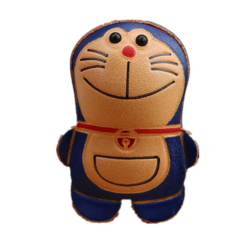 First Layer Cowhide Creative Cartoon Jingle Cat Pendant Bag Pendant Car Keychain Blue Fat Doraemon Pendant