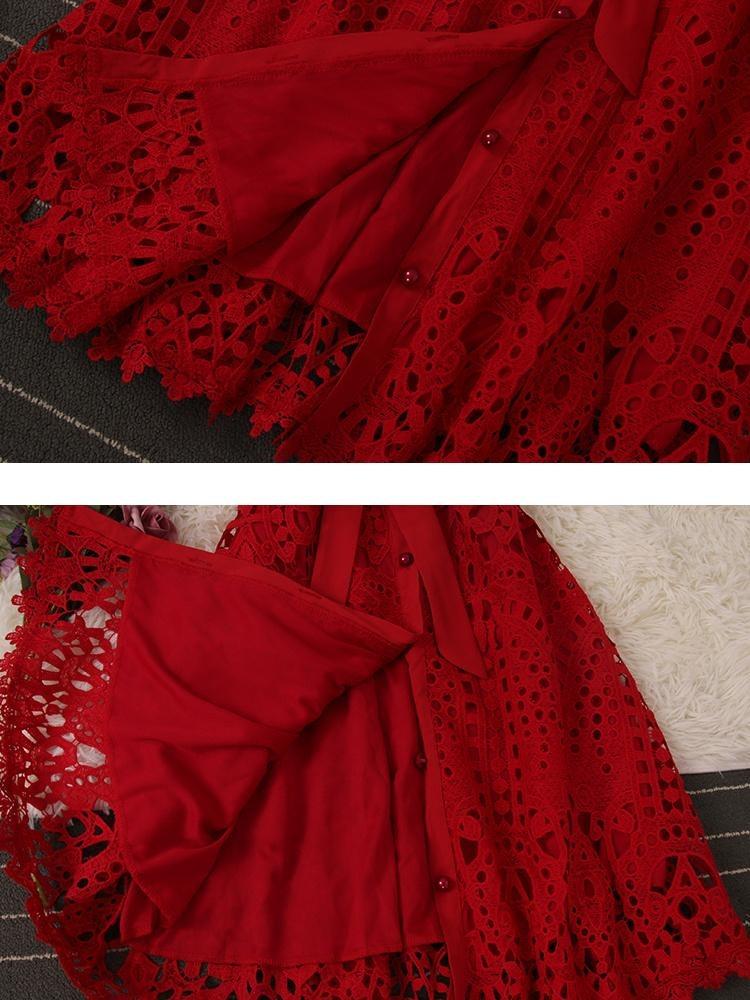 New Tide Summer French Stylish Hollow Out Lace Dress Women Elegant Solid Open Stitch Lace Up Evening Dress