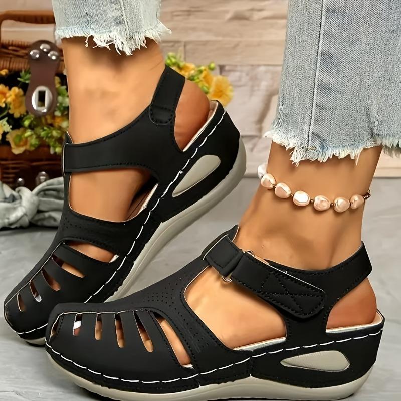 

Женские повседневные сандалии на танкетке с круглым носком, вырезным дизайном, средним каблуком, дышащие, удобные, для носки в любое время года, легко застегиваются на пряжку, прочная подошва 37 чёрный