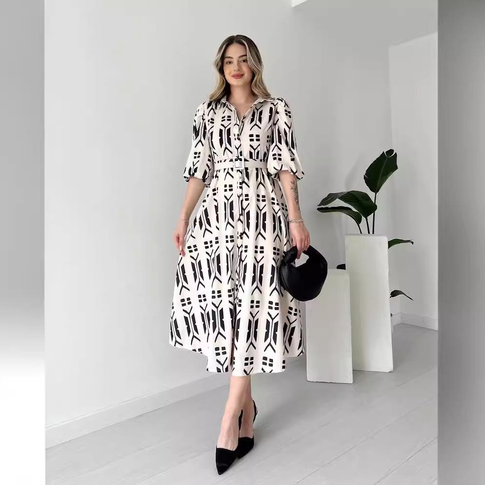 

Летнее женское платье с принтом, отложным воротником и рукавами-фонариками, 2024 XS белый/чёрный