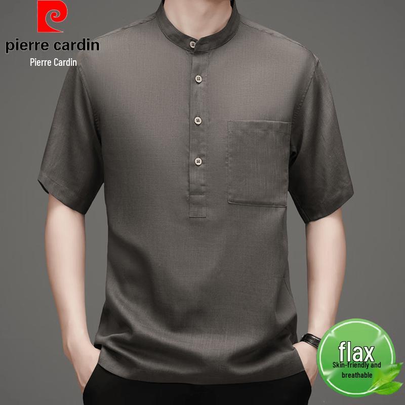 

Pierre Cardin Men s Linen Blend Short Sleeve Stand Collar T-Shirt L