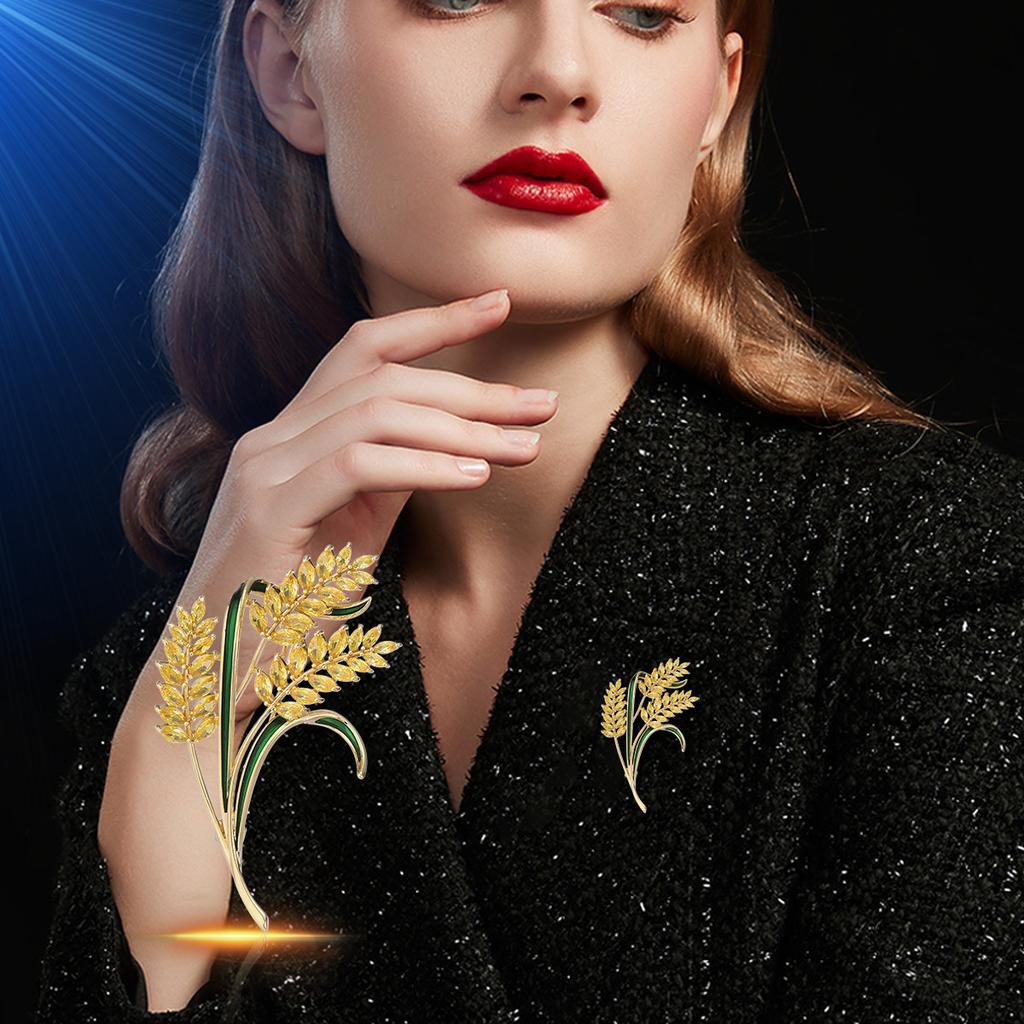 Yellow Three-Headed Rice Ear Brooch, High-End Luxury Gold Copper Zircon Corsage Coat Accessories