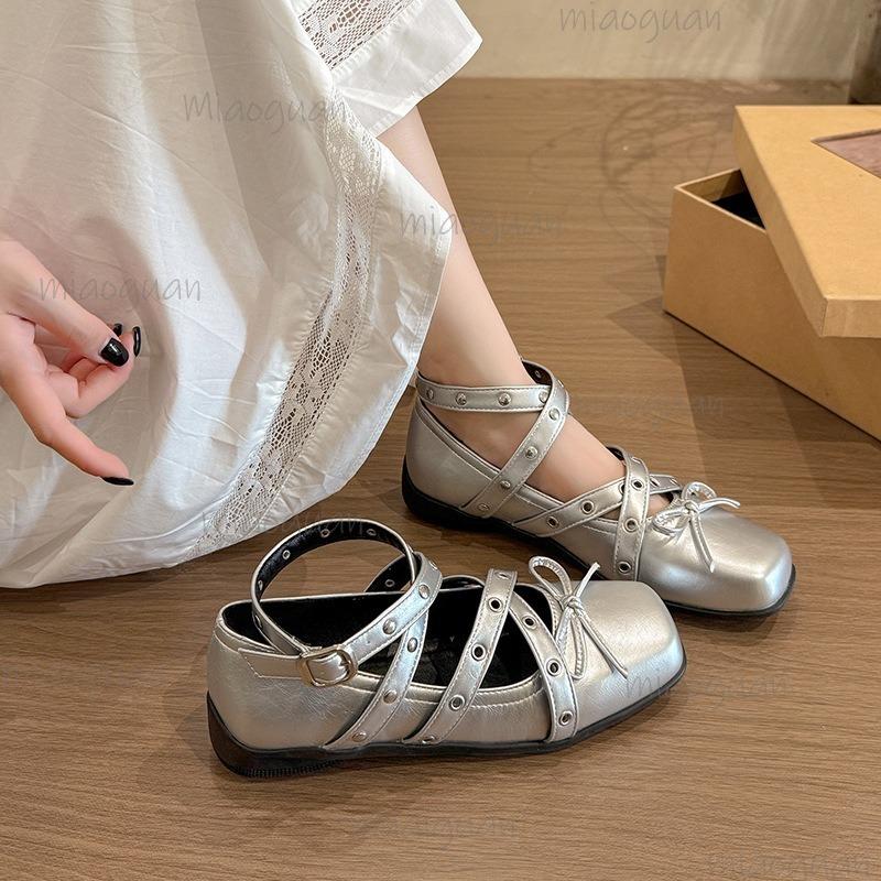 Fashion Retro Bow Cross Straps Mary Jane Shoes for Women 2025 Spring Autumn New Shallow Mouth Rivets Ballet Low Heel Pumps PU Square Toe