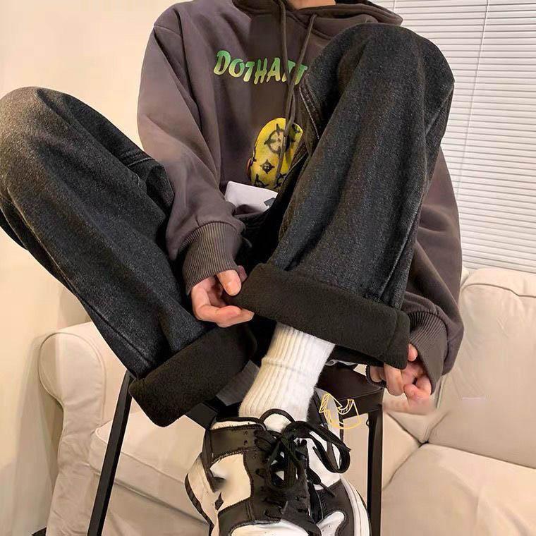 Streetwear Vintage Fleece Lined Thickened Washed Jeans Women Y2K High Waist Loose Straight Trousers Casual Jeans