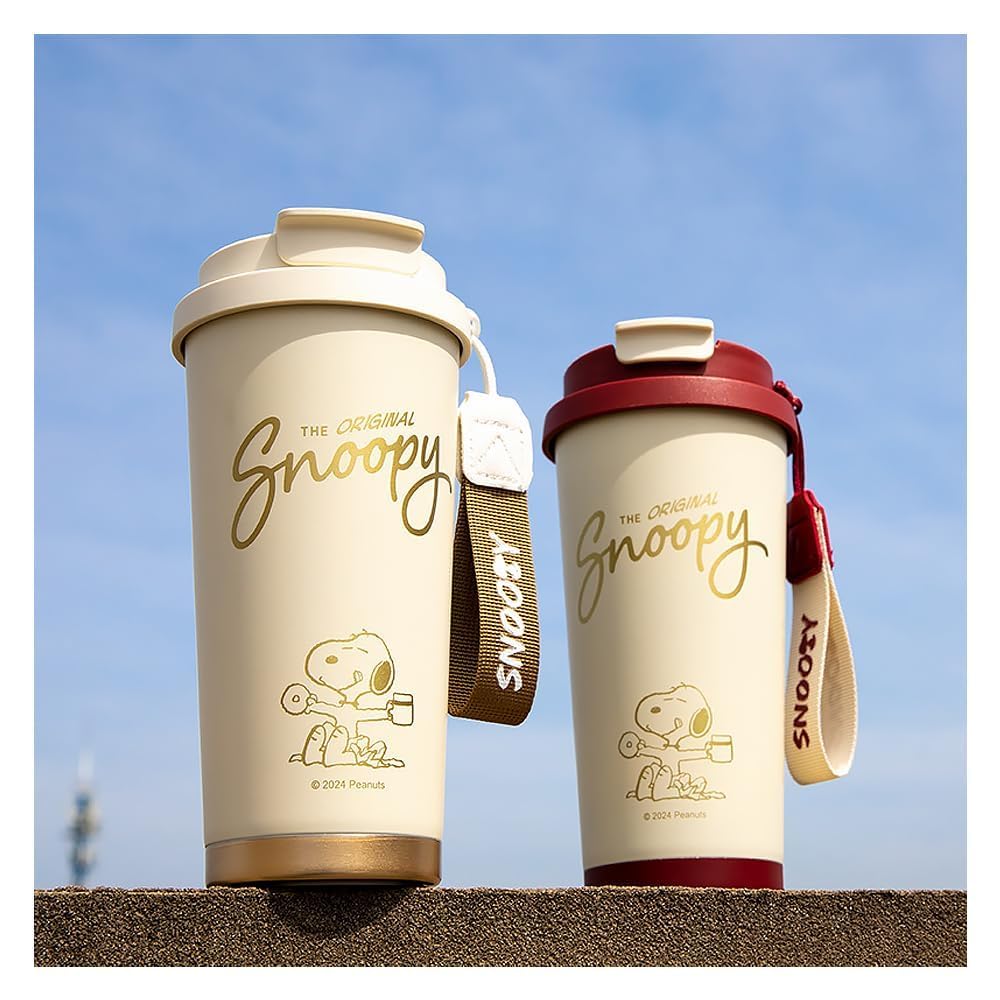 Snoopy Coffee Vacuum Insulated Stainless Steel Water Keeps Hot or Sports Direct with Lid Cup, Bottle, Cold, 530ml, Bottle, Drinking, (Red)