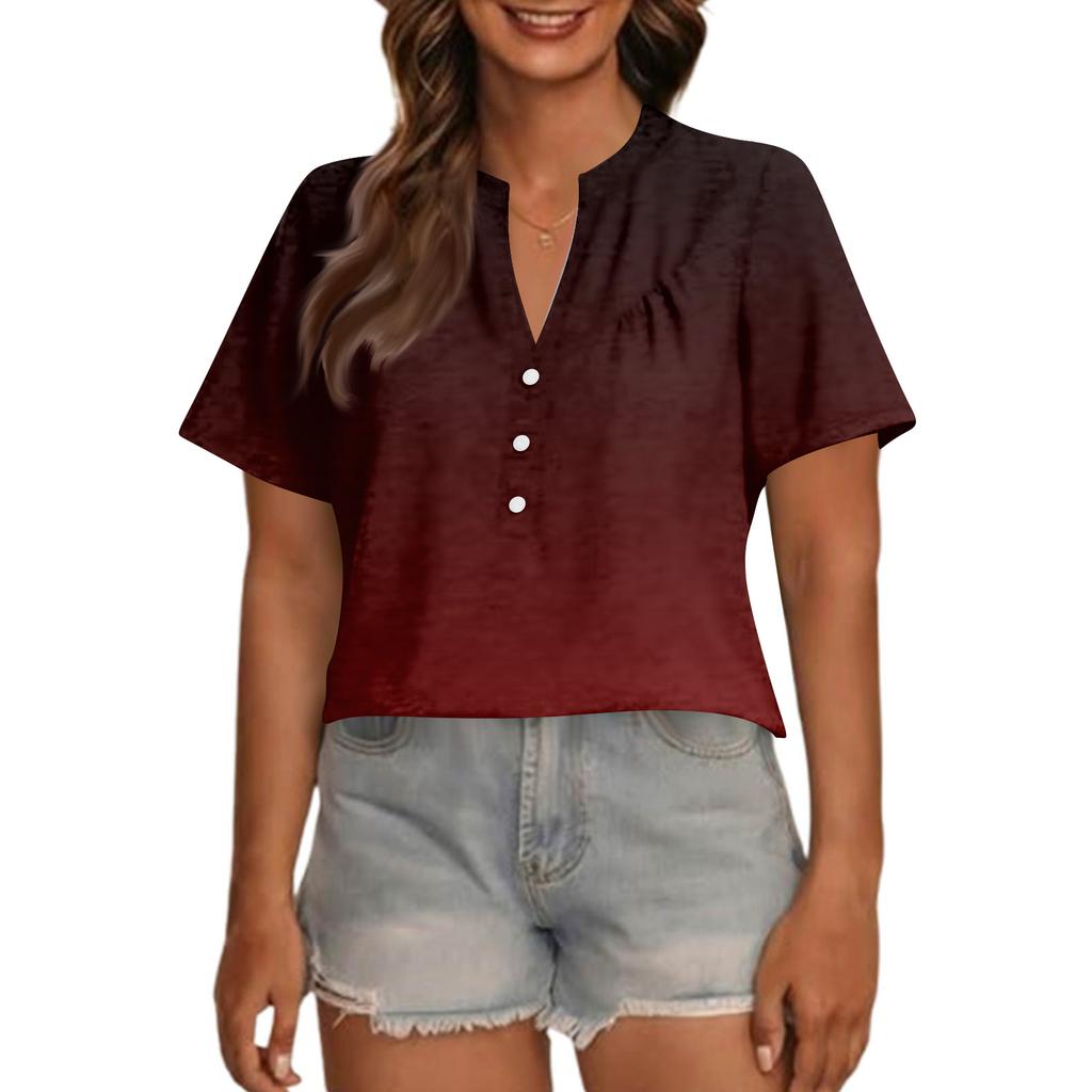 Women's Fashionable Casual V Neck Button Up Oversized Short Sleeve Printed Top