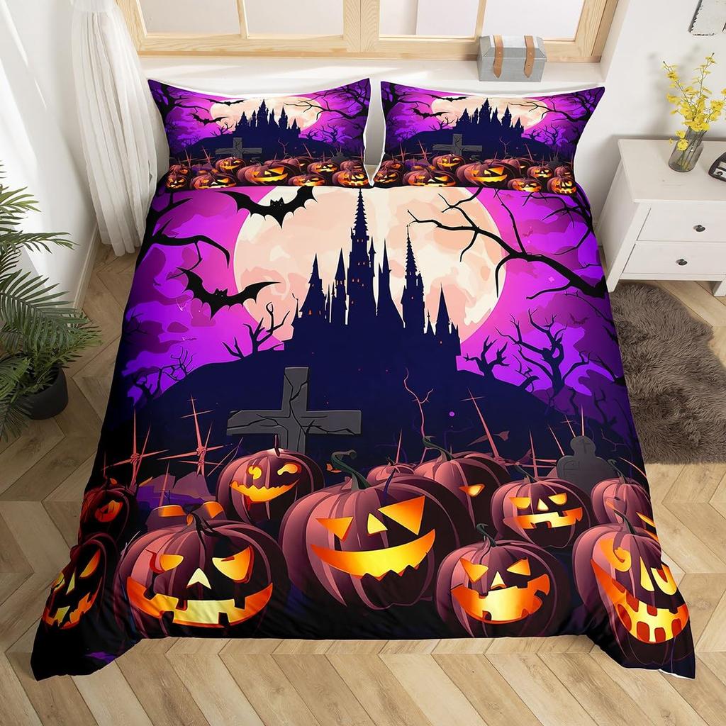 Halloween Bedding Set Full, Pumpkin Lantern Duvet Cover Castle Bat Pattern Comforter Cover, Cartoon Horror Festival Quilt Cover