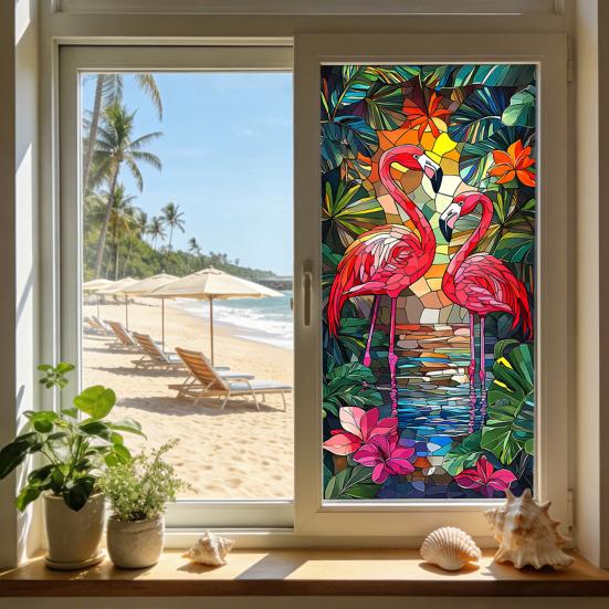 Fenster Sichtschutzfolie Buntglas Flamingo Tropisch Statisch Haftend Hitzeregulierung Tür Abdeckung Aufkleber mit Palmenblättern Blumendekor für Badezimmer