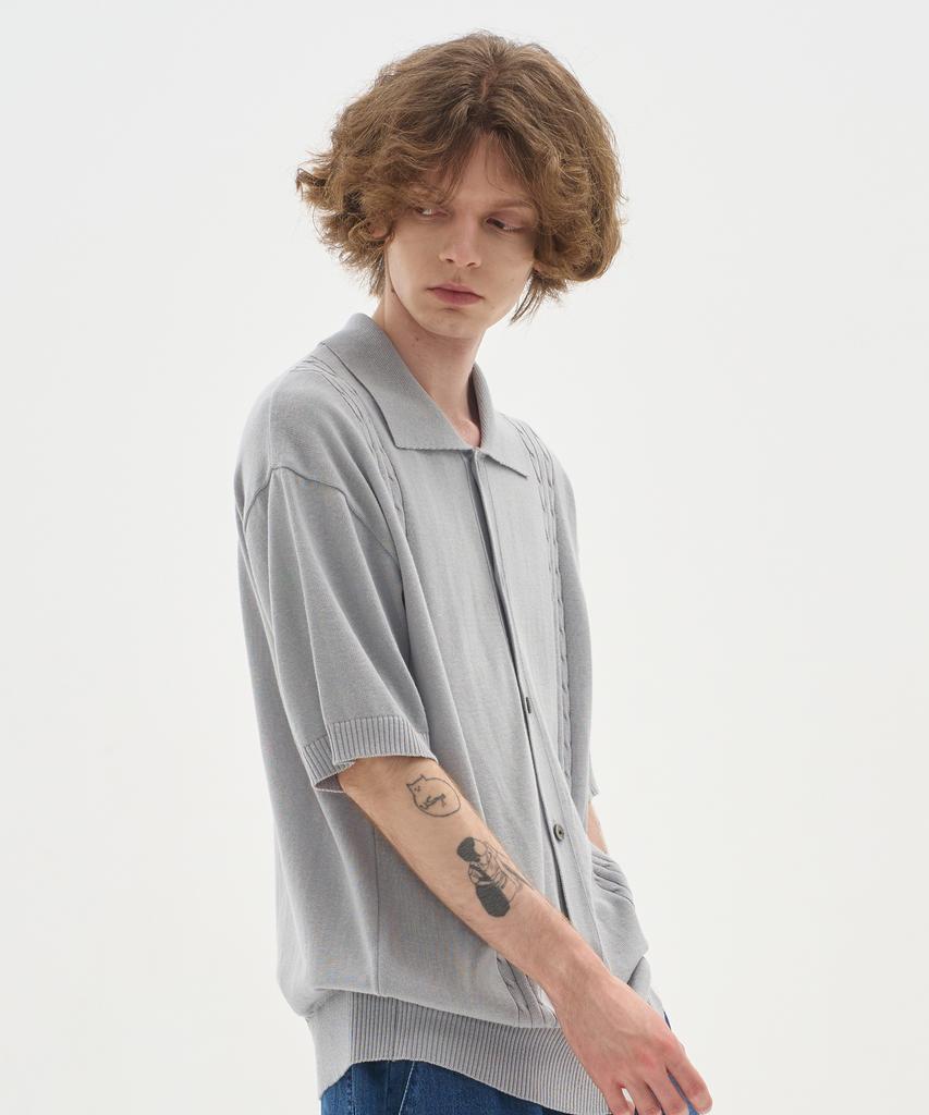 Blond9 Soft Cable Collar Short Sleeve Cardigan_Gray