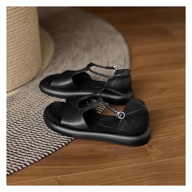 Fashion Women Cow Leather Narrow Band Low Heel Exposed Toes Fashionable 2025 Summer New Casual Elegant Platforms Women's Sandals