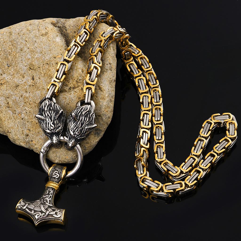 Viking Mythology Thor 'S Hammer Pendant Necklace Audin Wolf Head Golden Emperor Chain Necklace Stainless Steel Jewelry