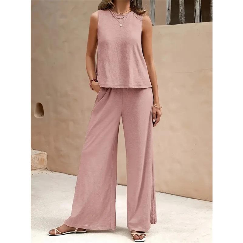  Women's Elegant Solid Color Matching Set Sleeveless Blouse And Wide Leg Pants