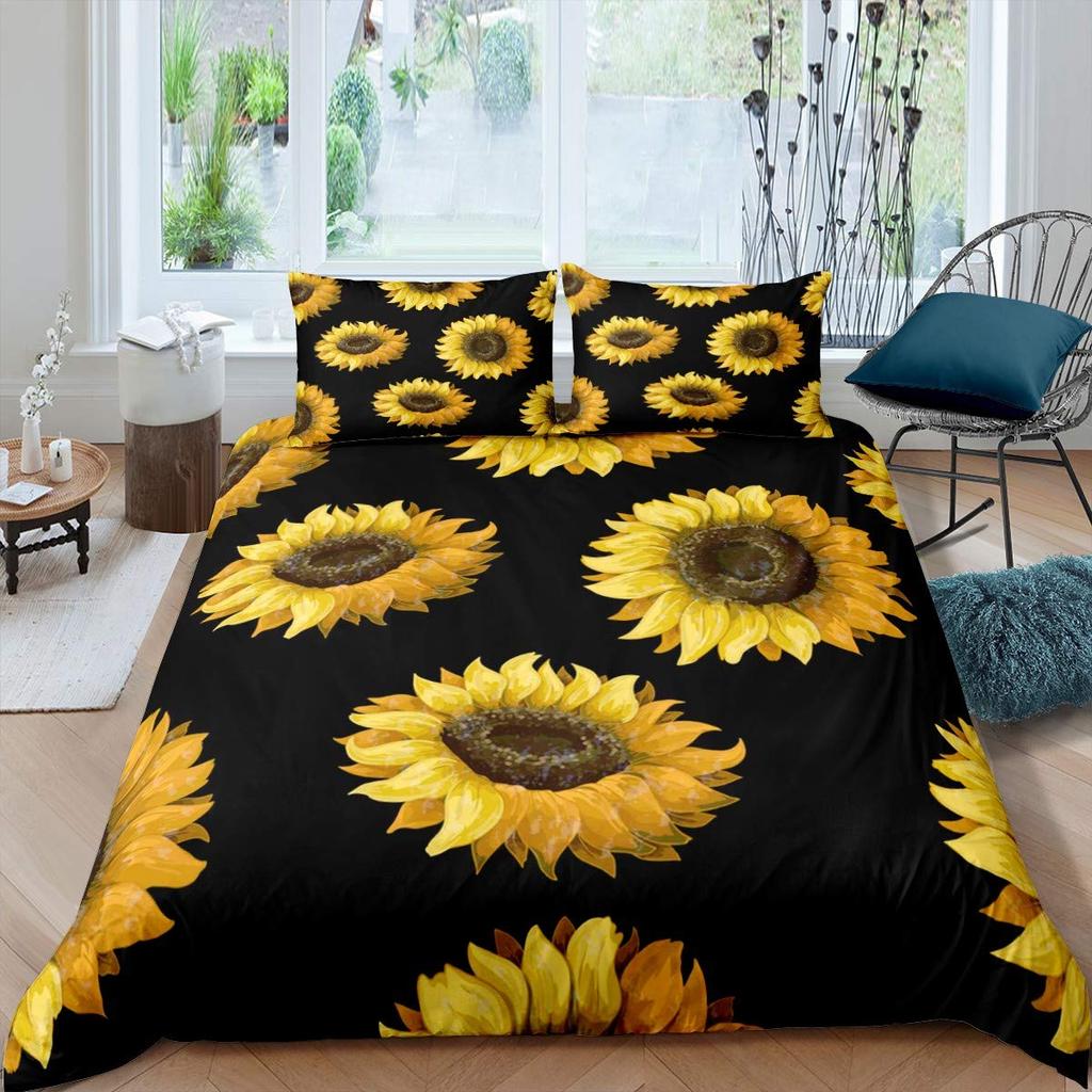 Vintage Sonnenblumen Bettbezug Set Buchstaben Bettwäsche Set Buchstaben und Sonnenblumen Gedruckt Retro Mädchen Queen Size 2/3tlg. Bettdeckenbezug