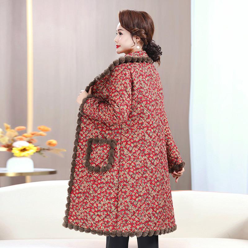 Floral Plaid Pom-Pom Long Cotton Padded Jacket for Middle-Aged and Elderly Women - Plus Size
