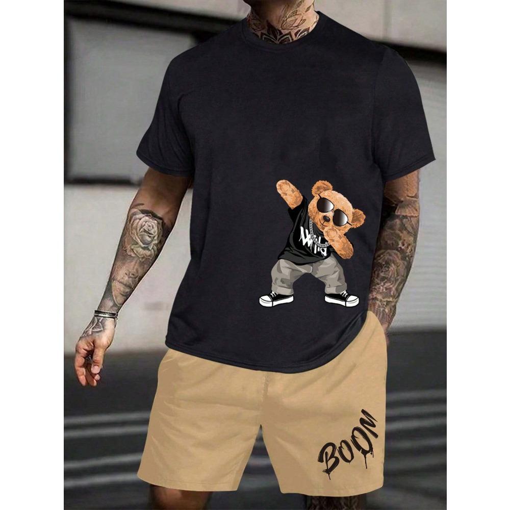 Cartoon Characters and Letter Printed Men's T-shirt and Shorts 2 Piece Set Summer Casual Outfit for Men's and Women's Clothing