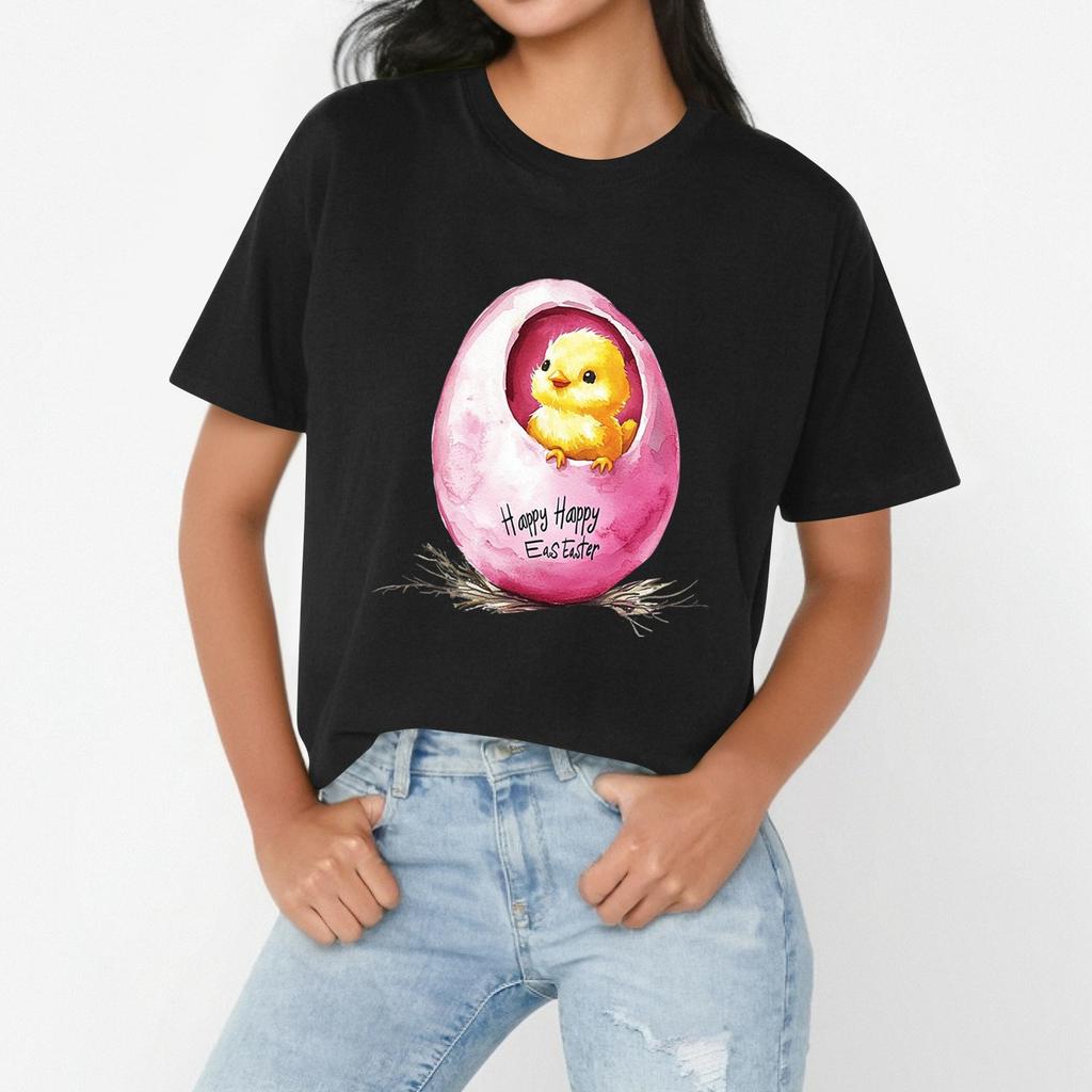 Dámské ležérní tričko s volným střihem a velikonočním potiskem, kulatý výstřih, pulovr, top s krátkým rukávem