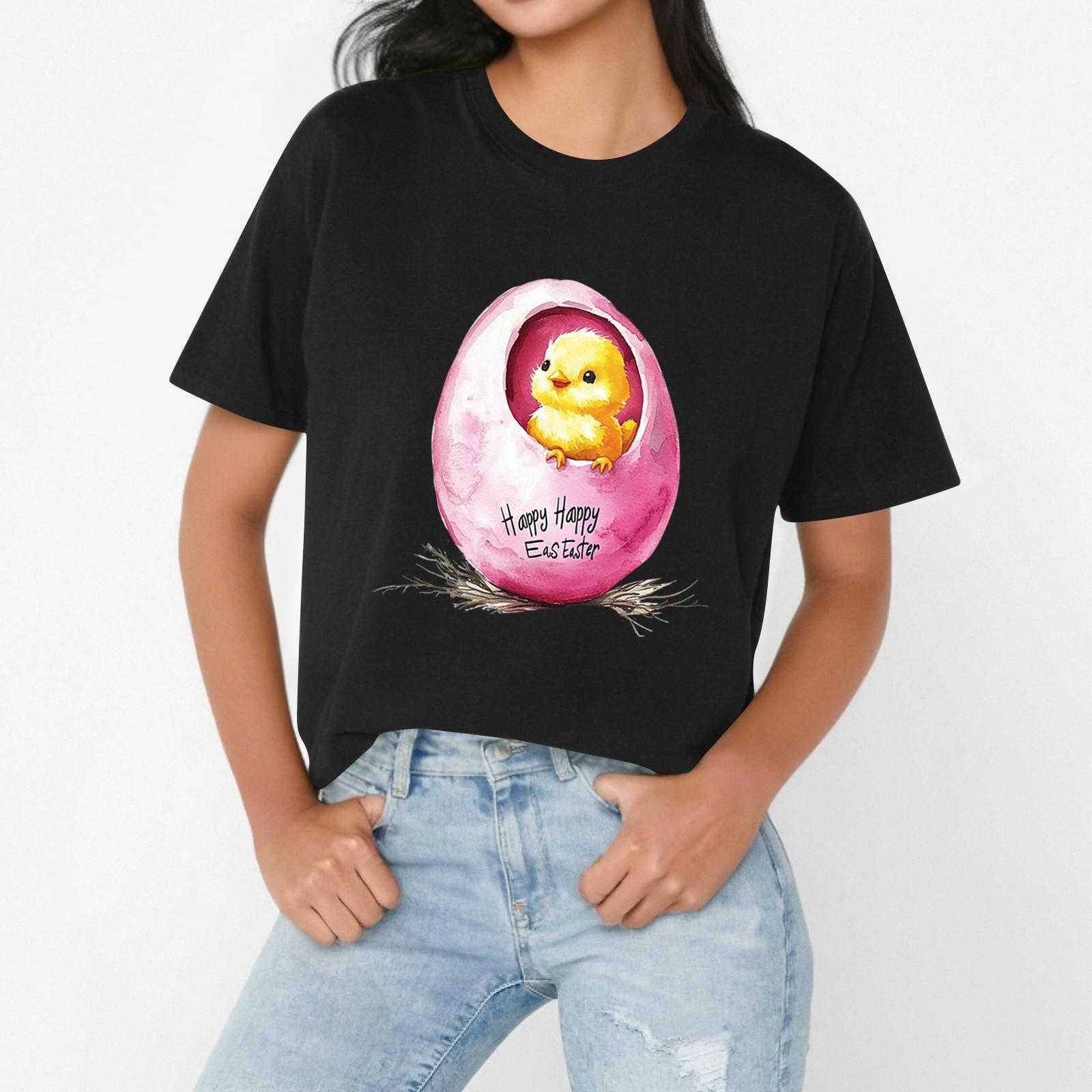 

Женская повседневная свободная футболка с пасхальным принтом, круглый вырез, пуловер, короткий рукав, топ M чёрный