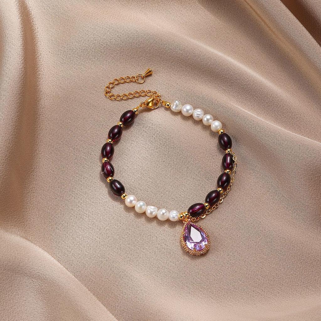 Purple natural stone bracelet, accessory, natural stone freshwater pearl retro bracelet, retro style, freshwater pearl bracelet