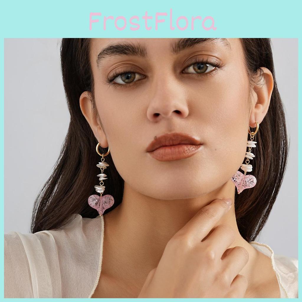 Elegant Pink Heart Shaped Earrings With Imitation Pearls Long Dangle Earrings For Women
