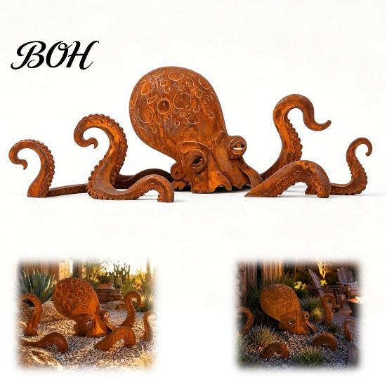 Rust-mottled Octopus Ornament Rust Patina Giant Squid Garden Sculpture, Handmade Metal Statue for Beachfront Villa Decoration Outdoor Lawn, Patio, and