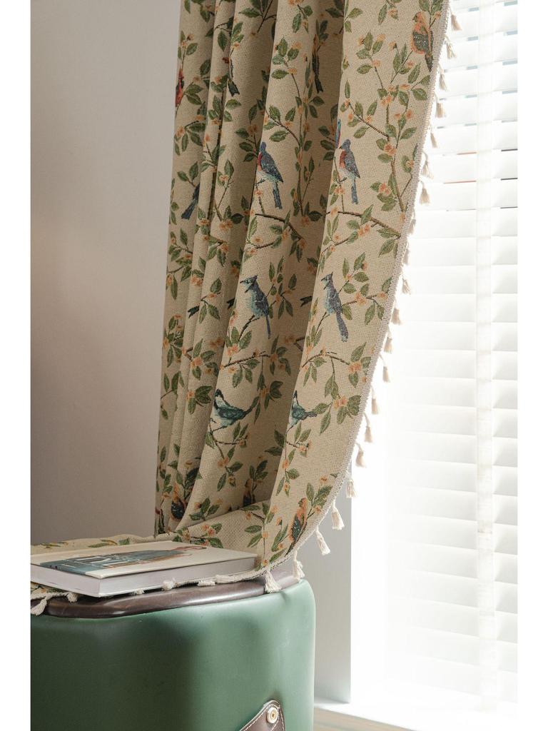 Imanqi Yun Jacquard Floral & Bird Pattern Semi-Blackout Curtains for Bay Windows & Kitchens