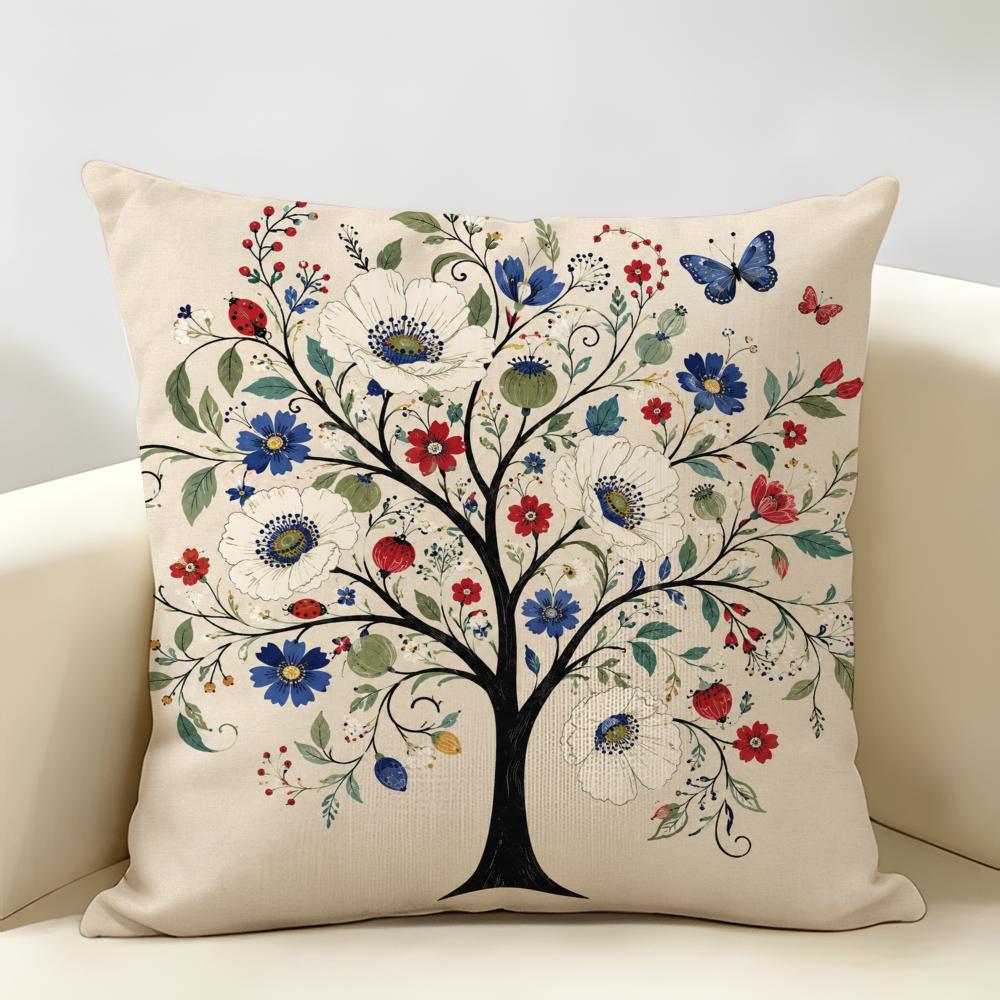 Boho Floral Tree Of Life Cushion Cover Durable Hypoallergenic Organic Linen Short Pillow Cover Washable