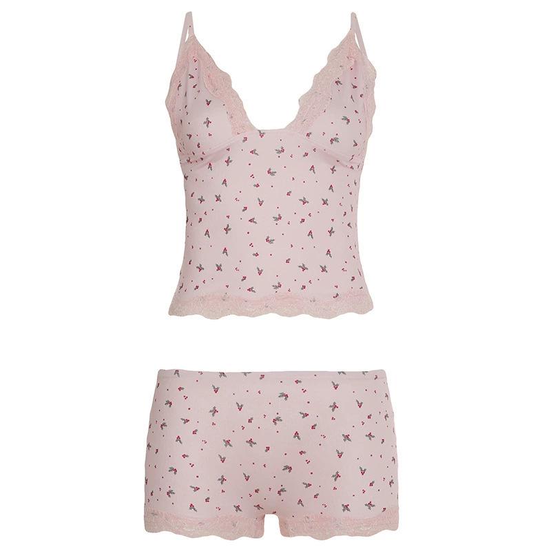 European & American Floral Lace Camisole and Shorts Pajama Set