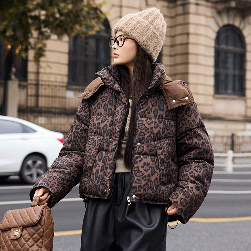 Women's Thickened Short Detachable Hood Leopard Print Jacket