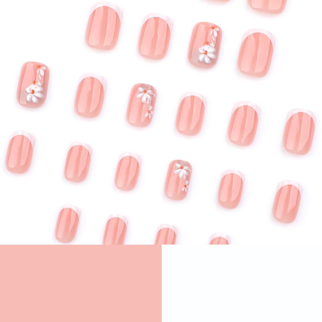 French White Short Square Nails with 3D Daisy Flowers - Spring/Summer Nail Art
