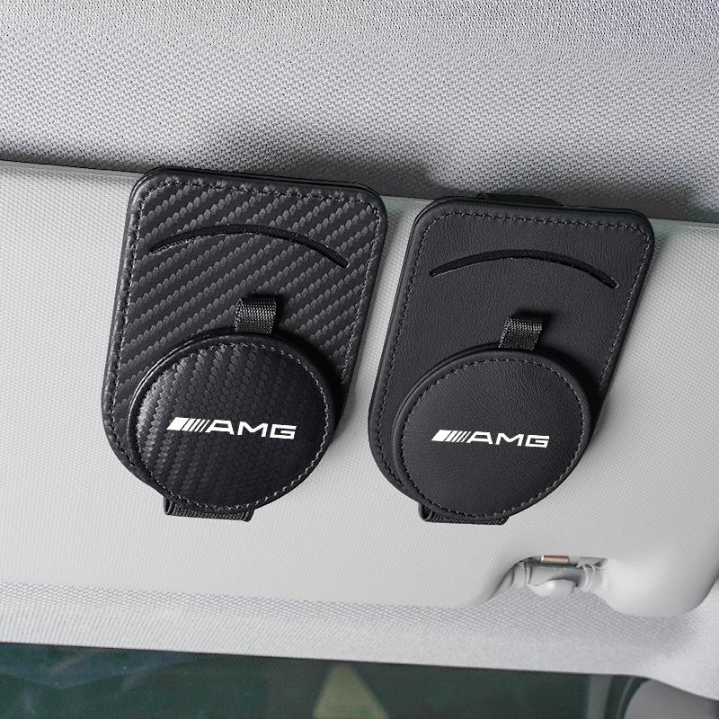 Quality Leather Car Glasses Clip ID Card Holder Interior Storage For Mercedes Benz AMG GLE GLS CLA CLE GLC CLS Tire Valve Cap