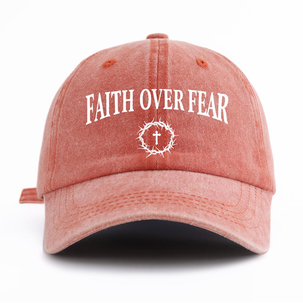 1pc FAITH OVER FEAR Print Washed Baseball Cap for Adults,Minimalist Retro Style Casual Soft Adjustable Dad Hat, Perfect As Gift