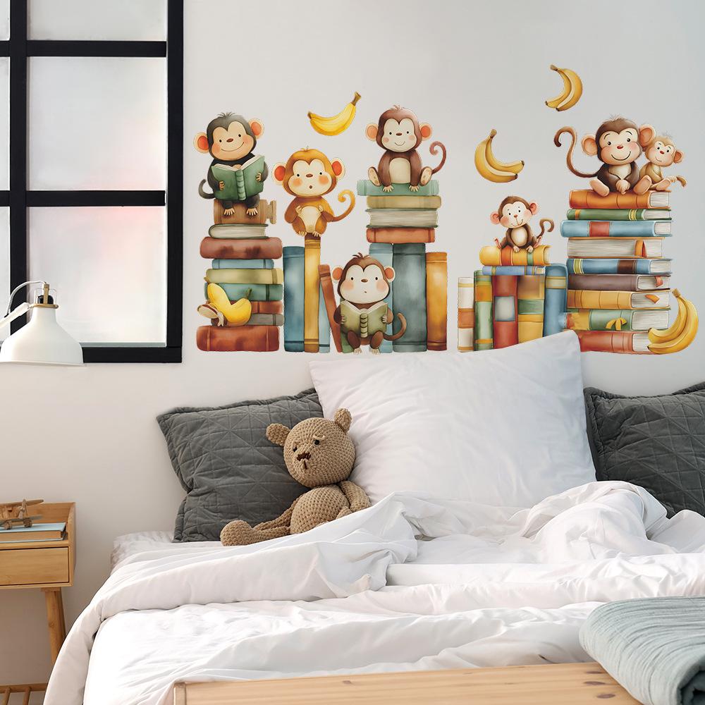 Self-adhesive Wall Stickers Cartoon Monkey Reading Book for Kids Room Bedroom Nursery Home Decor