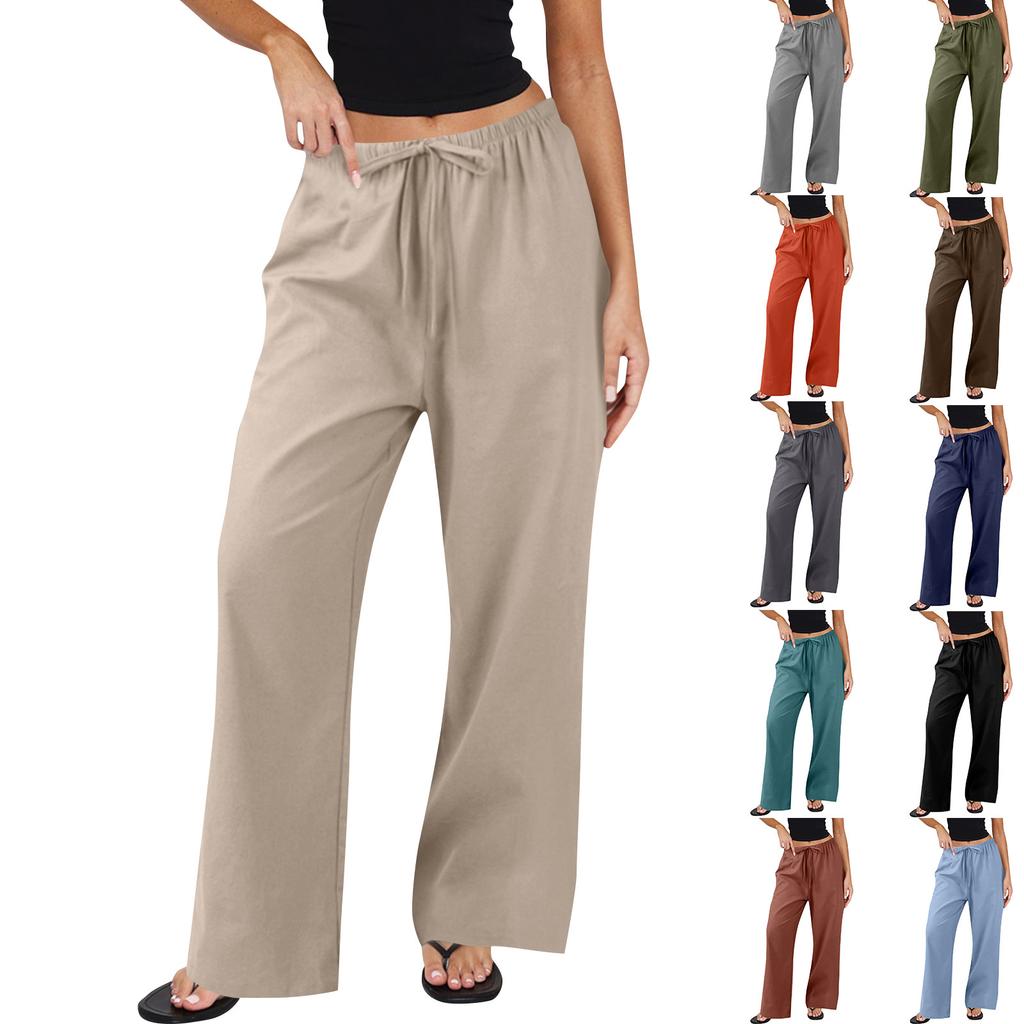 Women's Cotton And Linen Casual Summer Straight Wide Leg Loose Drawstring Elastic Waistband Pocket Trousers