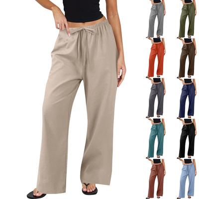Women's Cotton And Linen Casual Summer Straight Wide Leg Loose Drawstring Elastic Waistband Pocket Trousers