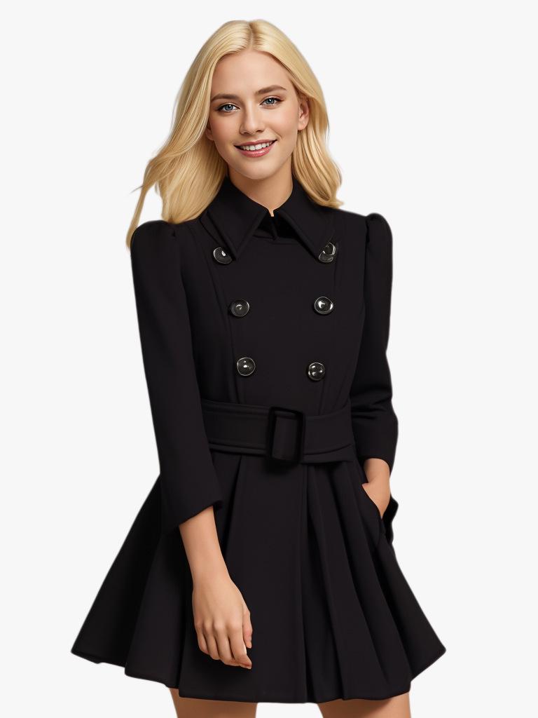 European and American Slim Fit Ruffle Wool Trench Coat with Belt Buckle - Women's Autumn and Winter Style