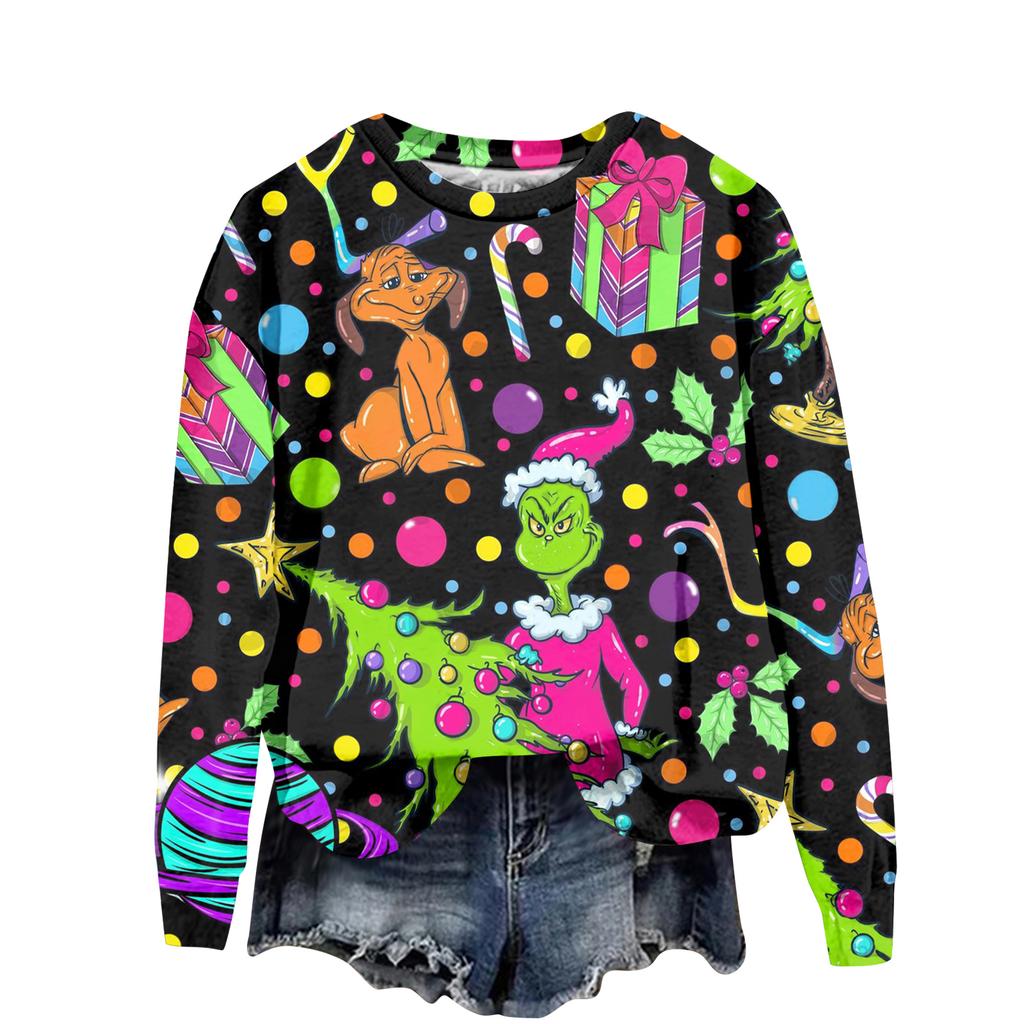 Ladies' Christmas Greentown Print Casual Long Sleeved Round Neck Sports Hoodie Top