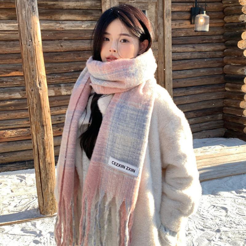 Pink Plaid Scarf for Women In Winter High End Warm Korean Style  Student  Versatile  Couple  White Scarf  Trendy