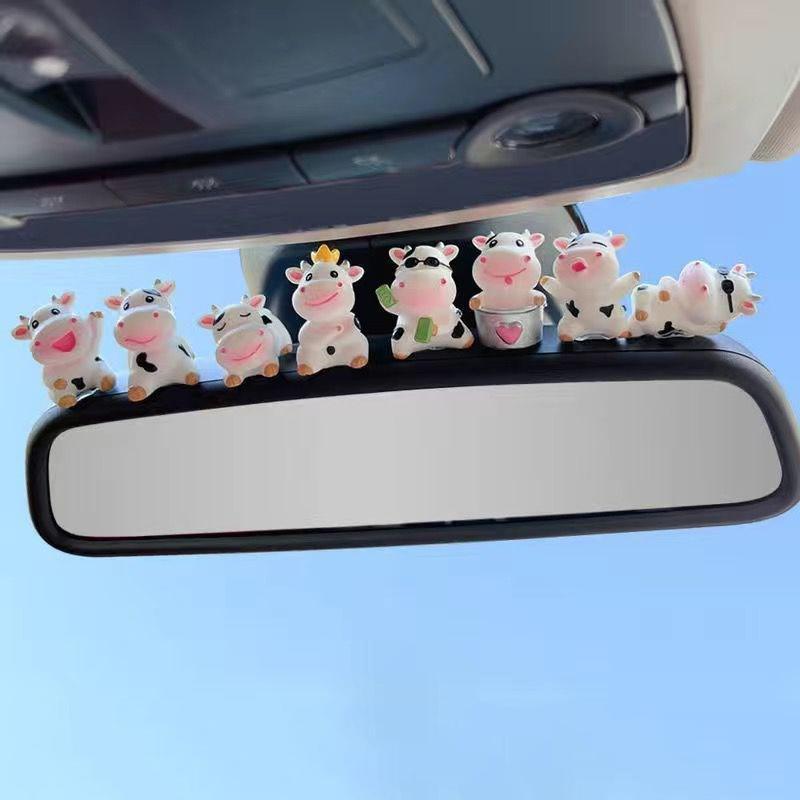 4Pcs Auto Cute Anime Plastic Cartoon Little Cow Car Accessories Gift Interior Hanging Ornament Rear View Mirror Decorations