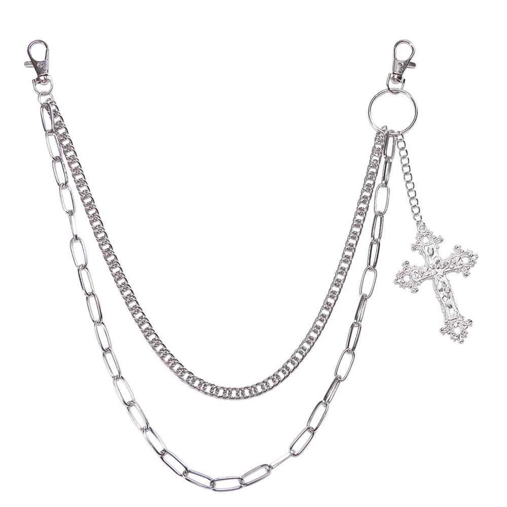 Punk Style Double Layer Cross Pendant Metal Chain Belt For Men Hip Hop Streetwear