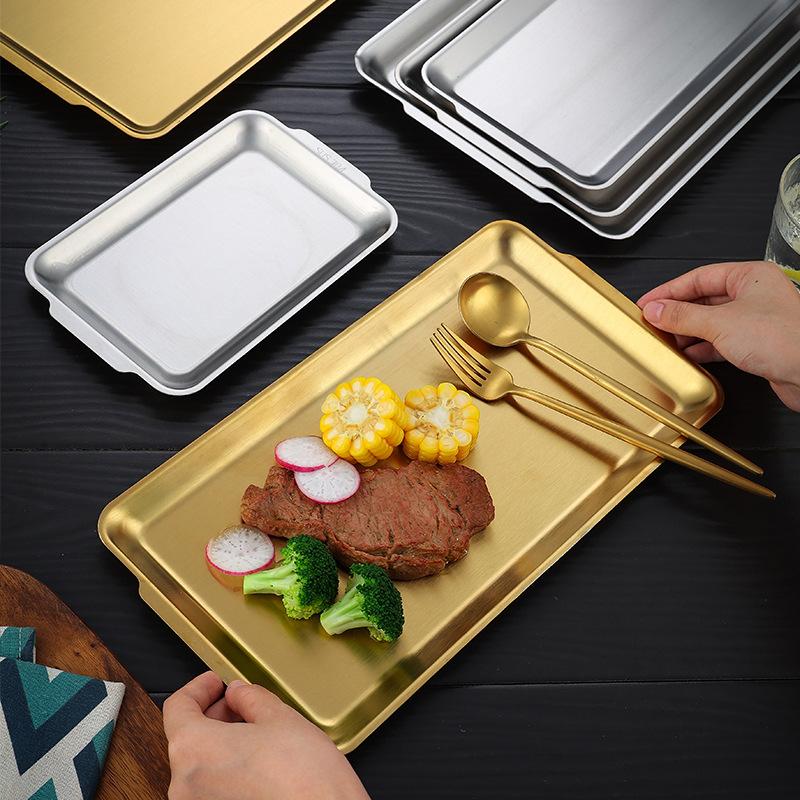 Thick Rectangular Tray Stainless Steel Food Storage Trays Sushi BBQ Flat Bottom Shallow Dishes Fruit Vegetable Plate Baking Pan