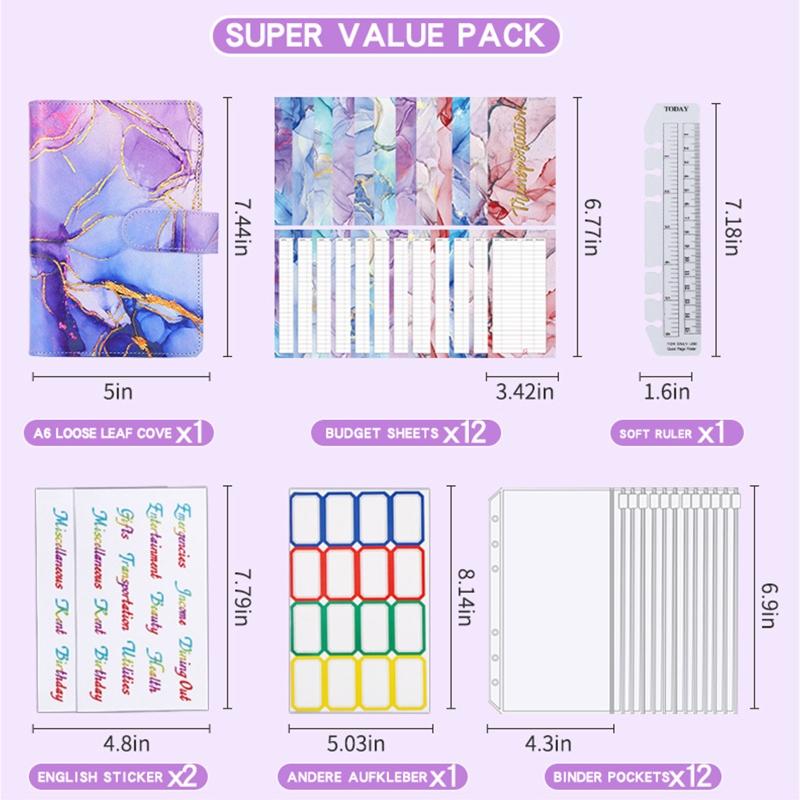 Marble A6 Budget Binder for w/ Budget Sheets Cash Envelopes Bag Colored Label Stickers for Budgeting Cash Budget Organiz