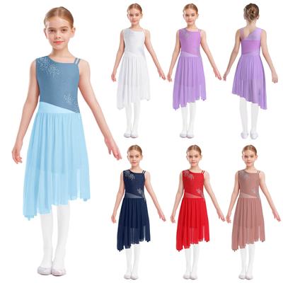 Girls Lyrical Dance Performance Dress: Sleeveless Shiny Rhinestones Floral Pattern with Asymmetrical Side Slit for Competition