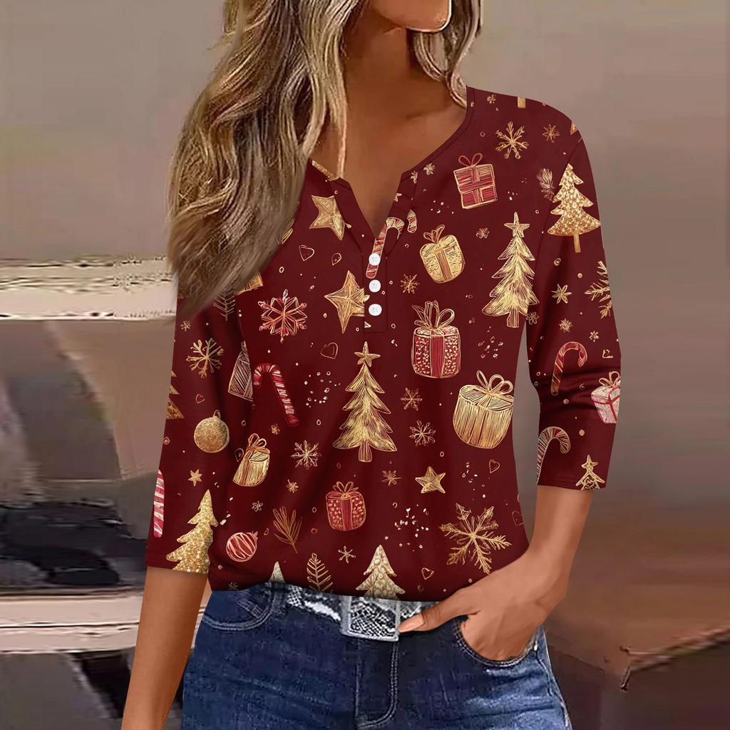 Dámské tričko Vánoční potisk Knoflík 3/4 rukáv Denní Víkendová Móda Základní Výstřih do V Běžný Top